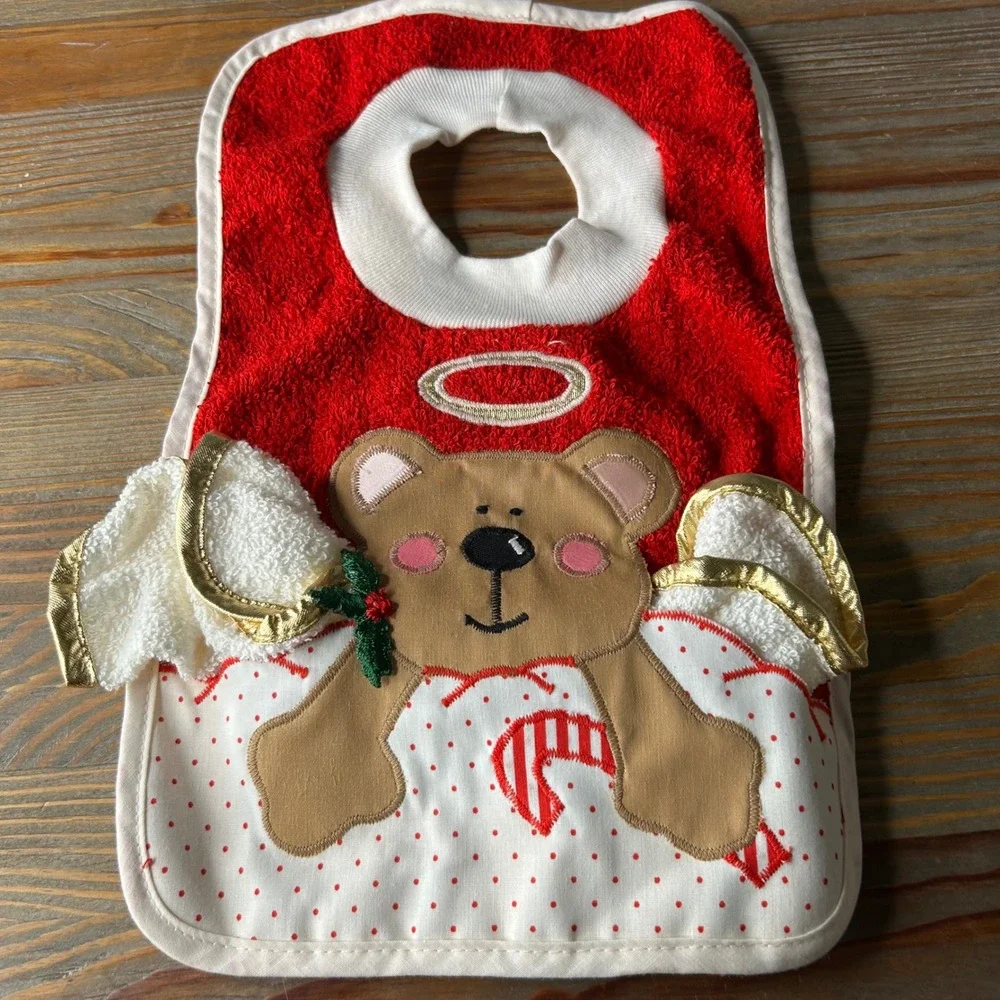 Vintage Christmas Baby Bibs Set Santa Angel Teddy Bear Terry‎ Cloth